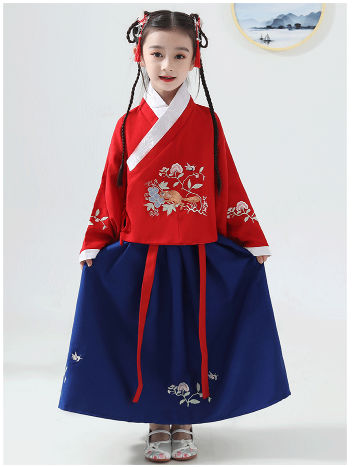 兒童古裝兒童漢服女童紅色上衣藍(lán)色裙子