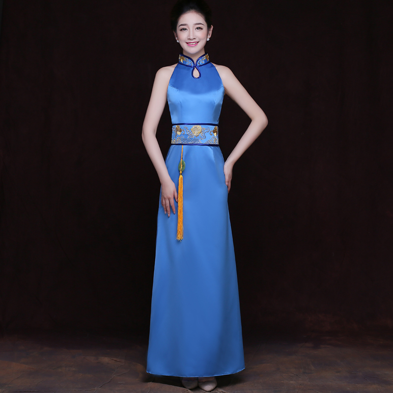 奧運(yùn)旗袍禮儀服裝長款藍(lán)色服裝